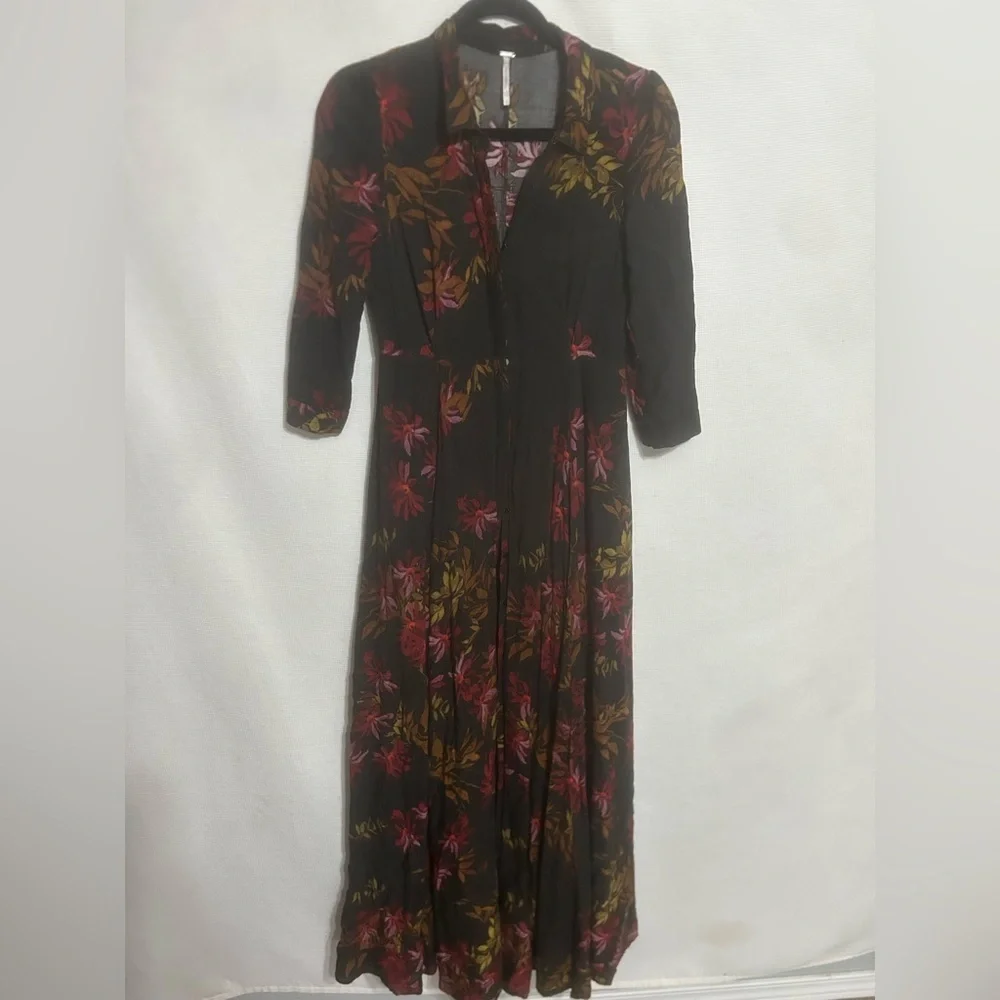 Rare Free People After The Storm Black Red Floral Print Boho Maxi Shirt Dress 4